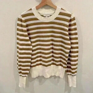 Loft Women’s Striped Puff Sleeve Knit Crewneck Sweater Pullover Tan White Size S